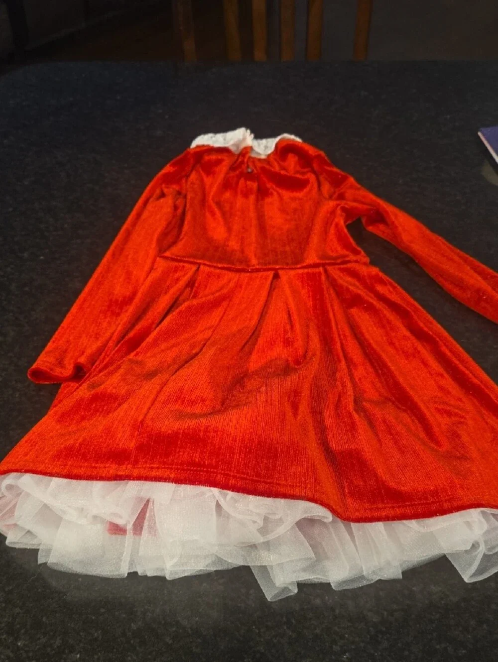 Girls' Red Velvet Party Dress with White Lace Collar